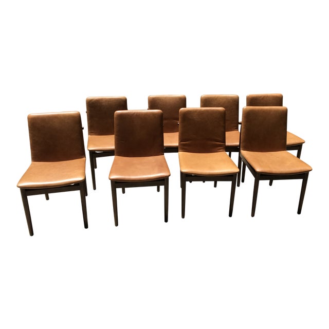 Camel Leather and Walnut Dining Chairs Set of 8 Chairish