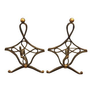 Brass French Wrought Andirons - A Pair For Sale