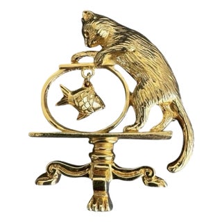 Vintage Cat & Gold Fish Bowl Brooch Gold Tone Pin Kitty Kitten Retro For Sale