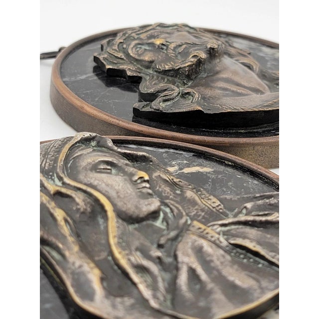 Rare One Of Kind Antique Jesus & Mary Wall Hanging Bronze & Green Marble Plaques For Sale - Image 10 of 12