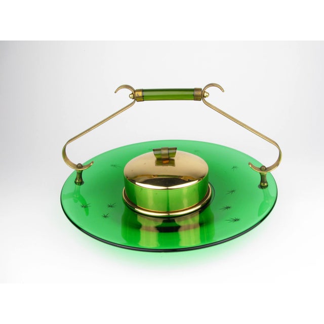 1940s Paden City Emerald Glo green glass platter with cut atomic star design and brass plated handle and lid made by...