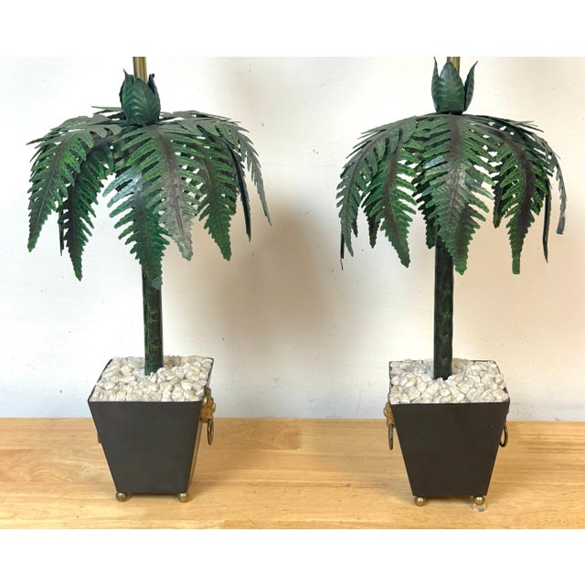 Pair of Hollywood Regency Polychromed Tole Palm Tree Topiary Lamps, Circa 1970s For Sale - Image 11 of 14