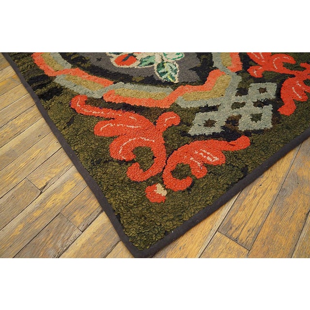 1920s Brown Floral Folk Art Antique American Hooked Rug 2'5" X 4'2" Handknotted Wool Carpet For Sale - Image 4 of 4