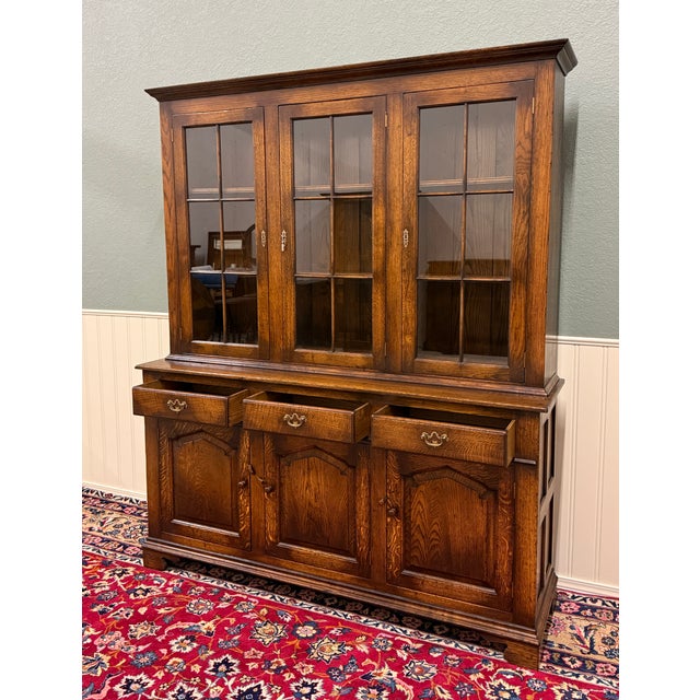 1930s Antique English Large Bookcase Cupboard Cabinet Triple Door Glass Oak C. 1930s For Sale - Image 5 of 18