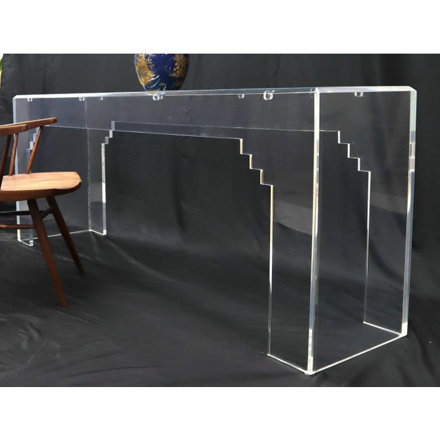 Quality large Mid-Century Modern lucite base beveled edge glass top console sofa table.