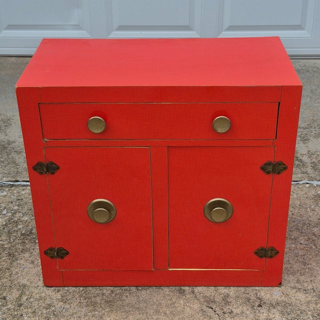 Mid-Century Modern Mid Century Modern Asian Orange Red Laminate Cabinets Nightstands Side End Tables - A Pair For Sale - Image 3 of 12