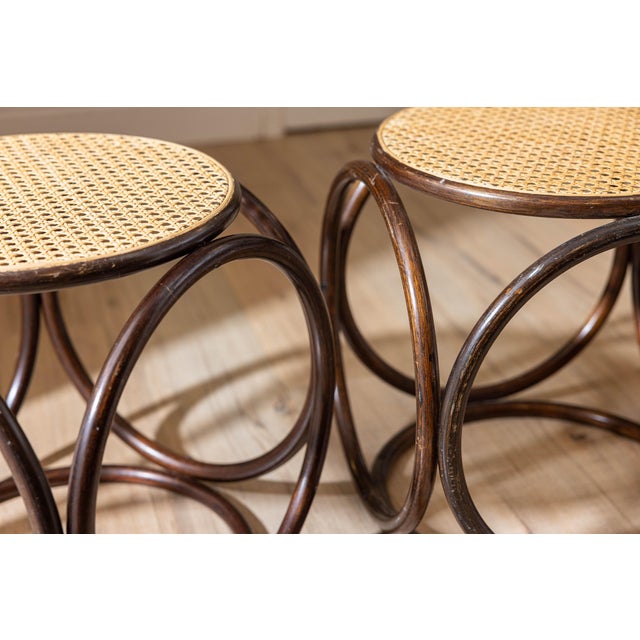 Pair of Vintage Modernist Bent Rattan & Cane Stools / Side Tables, 1970s For Sale - Image 9 of 11
