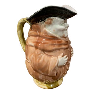 19th Century Belgium Painted Ceramic Barbotine Monk Pitcher From Onnaing For Sale