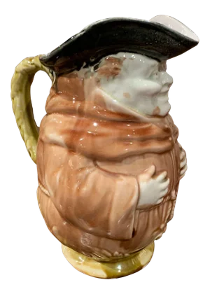 19th Century Belgium Painted Ceramic Barbotine Monk Pitcher From Onnaing