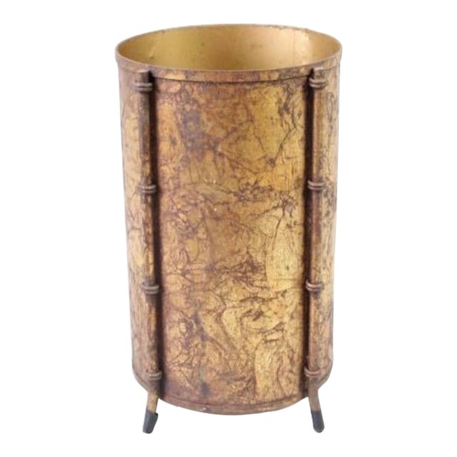 1960s Hollywood Regency Gilt Faux Bamboo Wastebasket or Trash Can For Sale