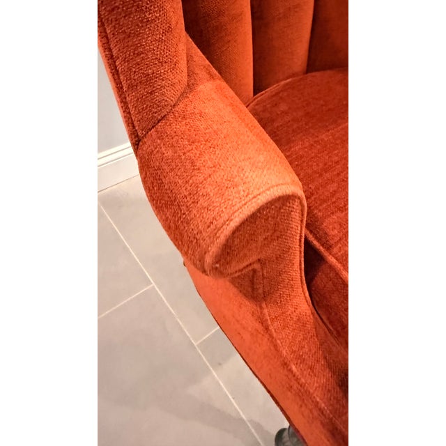 Late 20th Century Rust Channel-Tufted Wingback Accent Chair With Carved Wood Legs For Sale - Image 9 of 10