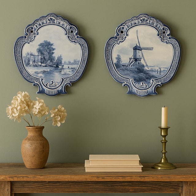 This exquisite pair of hand-painted delft wall plaques captures the pastoral serenity and timeless charm of the dutch...
