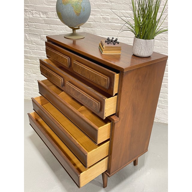 Mid Century Modern Walnut Dresser by United Furniture Co. | Burled Drawers | Refinished Storage 1960's For Sale - Image 10 of 13