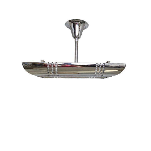 Mid 20th Century French Modernist Art Deco Billiard Chandelier Highly Polished Nickel & GlassRods For Sale - Image 11 of 18