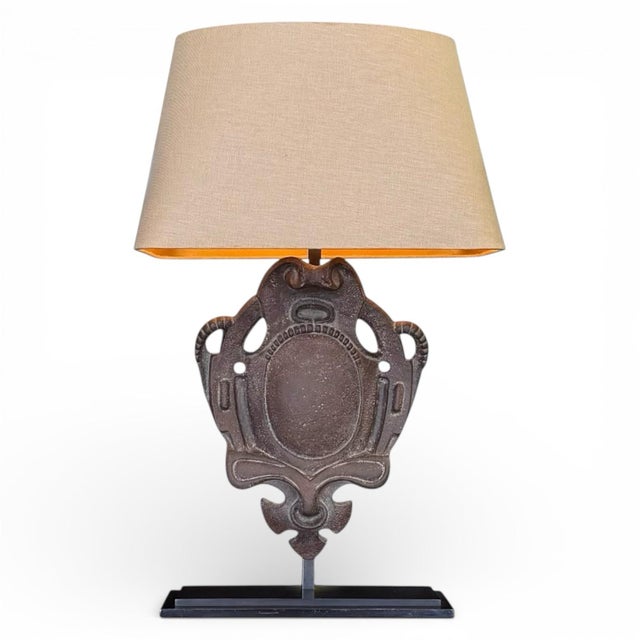 Modern Late 20th Century Cast Iron Shield Table Lamps With Linen Shades - A Pair For Sale - Image 3 of 9