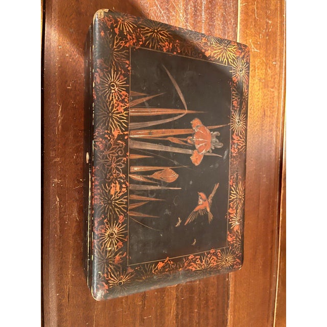 Japanese Antique Japanese Lacquer Box Iris Flower & Bird Motif Black Red Gilt For Sale - Image 3 of 8