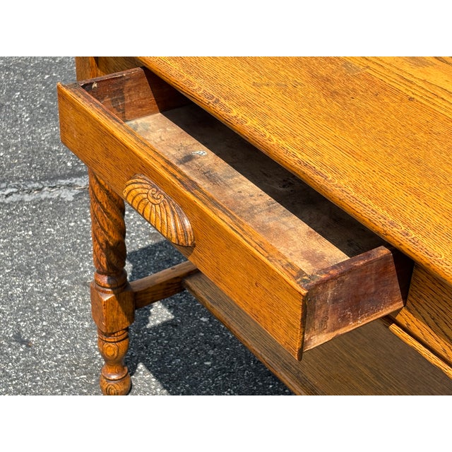 19th C. Tiger Oak One-Drawer Library Table - Twist Legs + Highly Detailed For Sale - Image 4 of 17