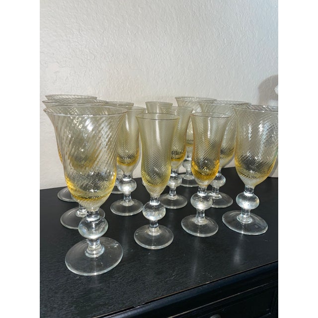 Glass Vintage Italian Wine Glass Set of 12 Amber Swirl Golf Ball Stem Champagne Goblet For Sale - Image 7 of 14