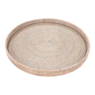 Artifacts Rattan Round Serving/Ottoman Tray with Glass Insert in White Wash -16" For Sale