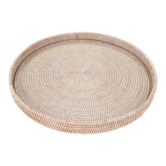 Artifacts Rattan Round Serving/Ottoman Tray with Glass Insert in White Wash -16" For Sale