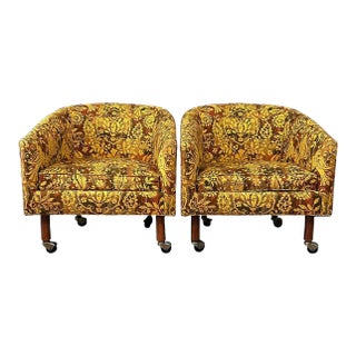 Pair of Century Furniture Cos Barrel Back Chairs With Walnut Legs and Casters For Sale