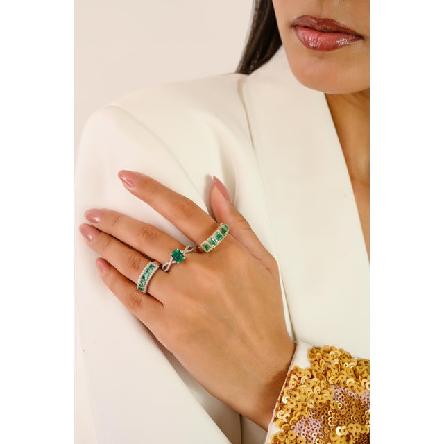 Modern 5 Octagon Cut Emerald Halo Diamond Ring Size 7 For Sale - Image 3 of 15