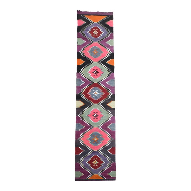 1970s Vintage Handmade Wool Cotton Purple Runner Rug For Sale