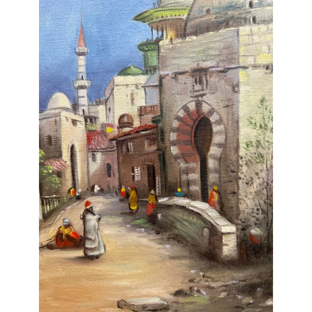 A Middle Eastern Oil on Canvas Painting of a Neighborhood For Sale - Image 4 of 5
