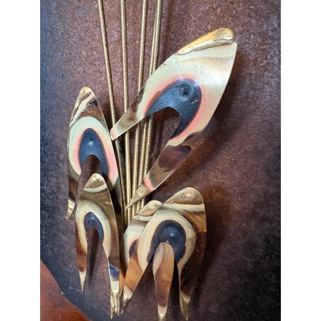 Vintage Brutalist Brass Cattail Wall Sculpture on Shield Plaque, 1970s Hollywood Regency For Sale - Image 4 of 8