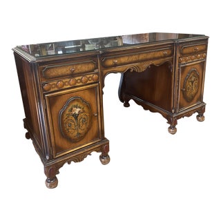 1920s Glass Top Wood Partners Desk For Sale