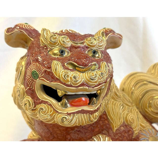Vintage Japanese Pottery Kutani Foo Dogs in Cinnabar and Gold Colors- A Pair For Sale - Image 9 of 12