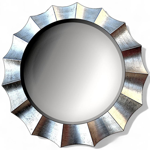Large Contemporary Scalloped Silvertoned Round Wall Mirror For Sale - Image 9 of 14