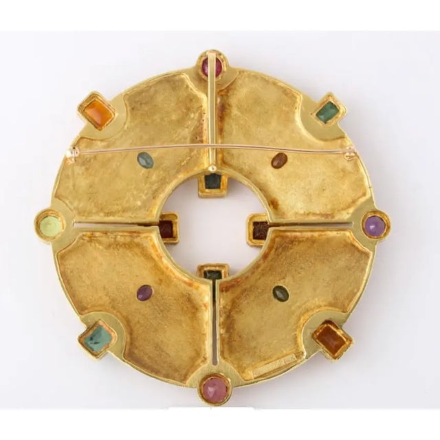 Ed Wiener 18kt Yellow Gold Pendant Brooch with Multi-Color Prong & Bezel set Stones and hammered and applied gold bead...