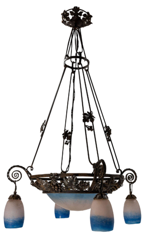 French Art Deco Chandelier in Colored Glass and Wrought Iron, 1930s