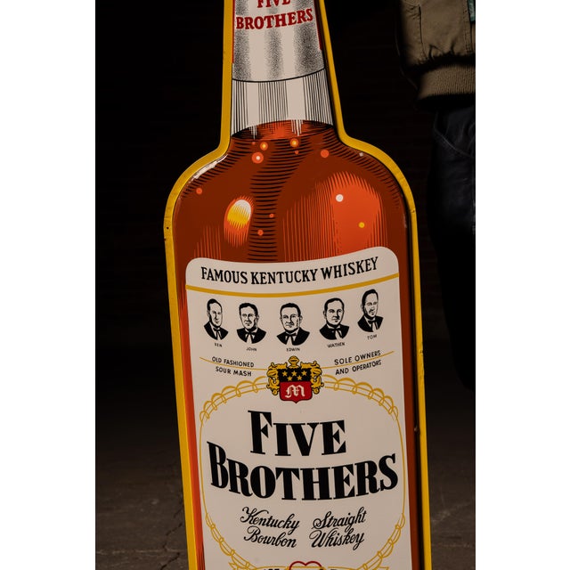 Vintage Oversized Five Brothers Bourbon Figural Bottle Tin Litho Advertising Sign For Sale - Image 4 of 8