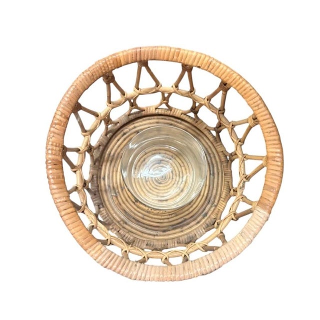 2000 - 2009 Pair of Vintage Mid-Century Boho Woven Rattan & Glass Hurricane Candle Holders For Sale - Image 5 of 12