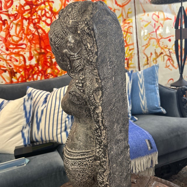 1970s Solid Stone Asian Deity Goddess Sculpture Mounted on Thick Mahogany Wood Block For Sale In Miami - Image 6 of 7