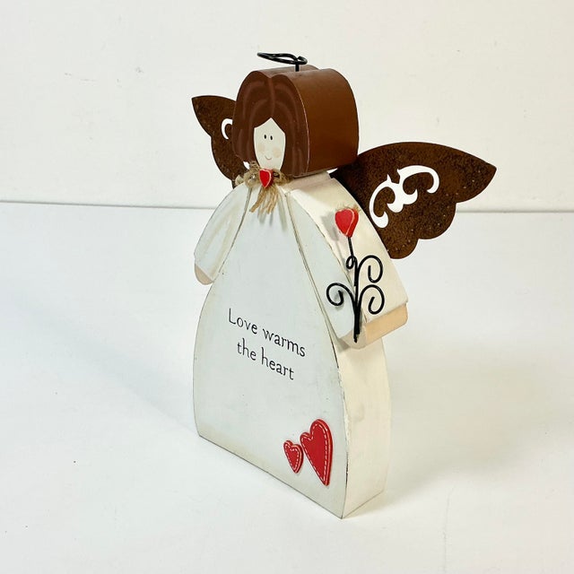 Wood 1990s Vintage Boho Chic Arts & Crafts Valentine Angel - Love Warms Heart. For Sale - Image 7 of 9