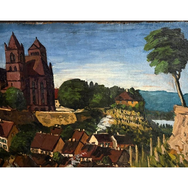 Brown Antique Oil on Canvas - Baden Wurtennberg Germany - Cityscape of Alt - Breisach - St. Stephen Munster Cathedral - Rhine River For Sale - Image 8 of 9