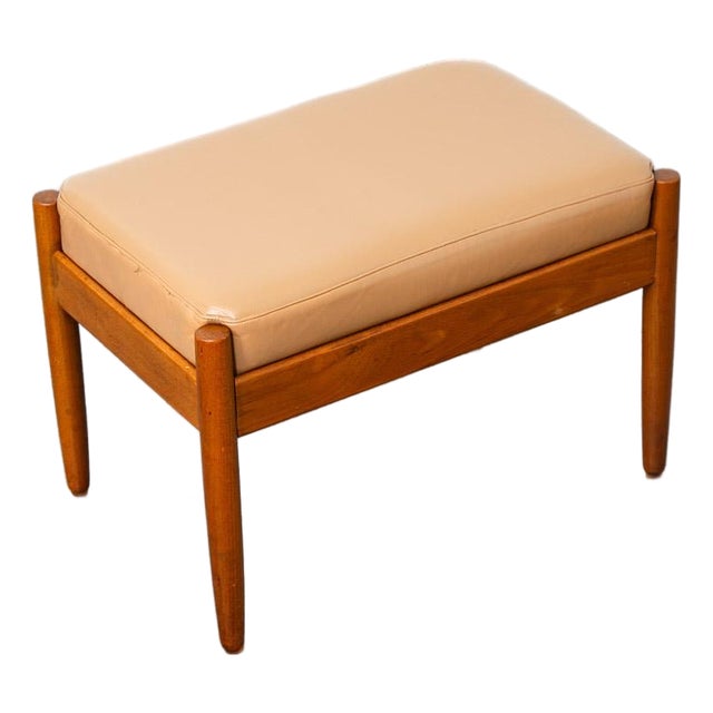 Mid Century Modern Ottoman Stool Tan Leather Vintage MCM Wood Frame Rectangular For Sale