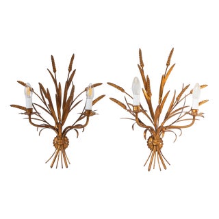 Italian Gilt Metal Wall Sconces with Leaves and Ears of Wheat, 1960s, Set of 2 For Sale