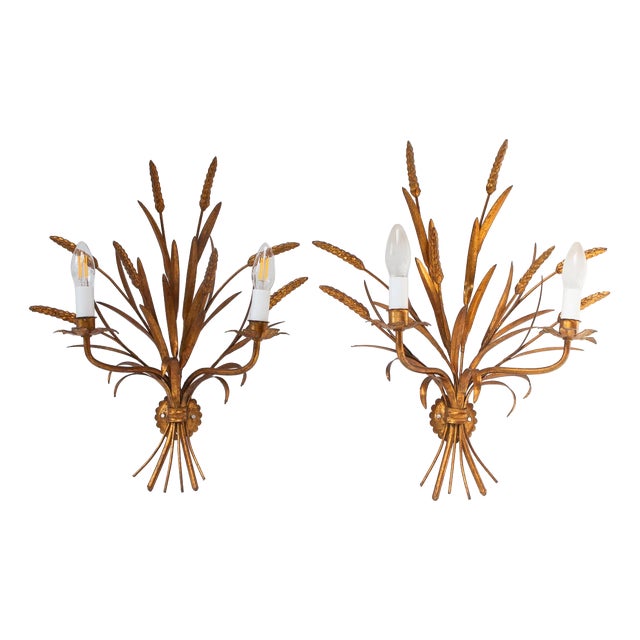 Italian Gilt Metal Wall Sconces with Leaves and Ears of Wheat, 1960s, Set of 2 For Sale