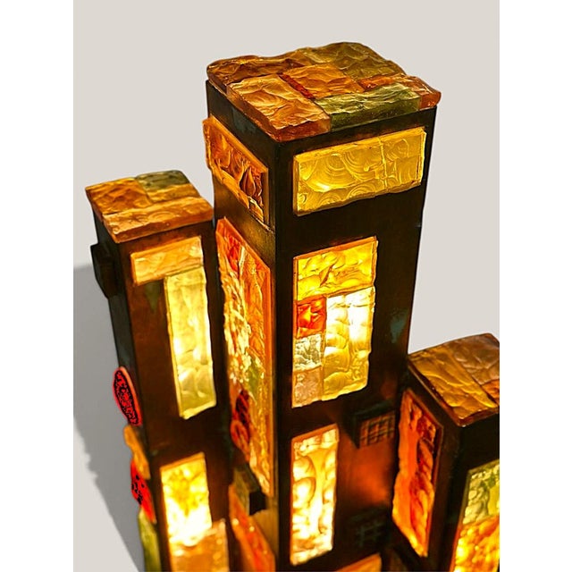 Yellow Vintage Floor Lamp in Hammered Glass and Wrought Iron from Longobard, Italy, 1960s For Sale - Image 8 of 11