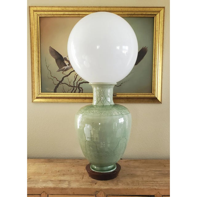 Celadon Large Vintage Thai Celadon Carved 'Buddist Temple With Birds" Globe Table Lamp For Sale - Image 8 of 12