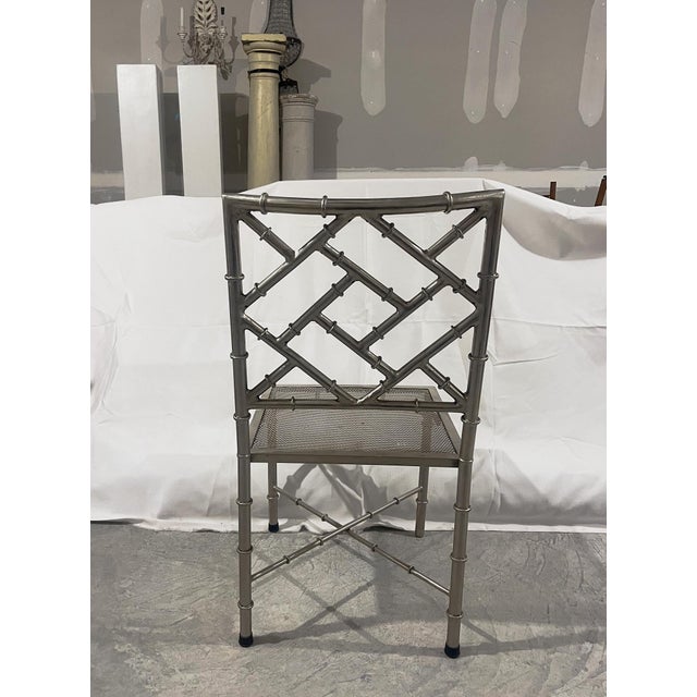 Set of 4 Mid 20th Century Silver Metal Faux Chippendale Bamboo Chairs For Sale - Image 4 of 11