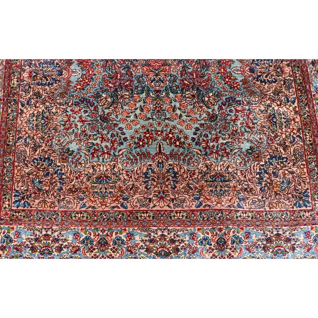 Antique Kerman Rug With Soft Blue Field, Rose Red Medallion and Floral Design 5'10 X 8'6 For Sale - Image 11 of 15