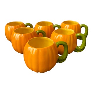 1980s Hand Made Ceramic Pumpkin Mugs - Set of 6 For Sale