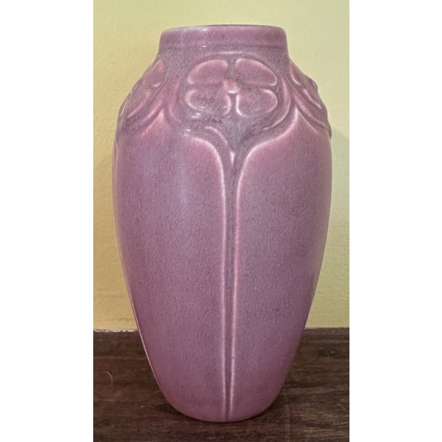 Here we have a lovely Rookwood pottery vase , a rose colored glaze with poppies blooming at top , 1922 , signed on base ,...