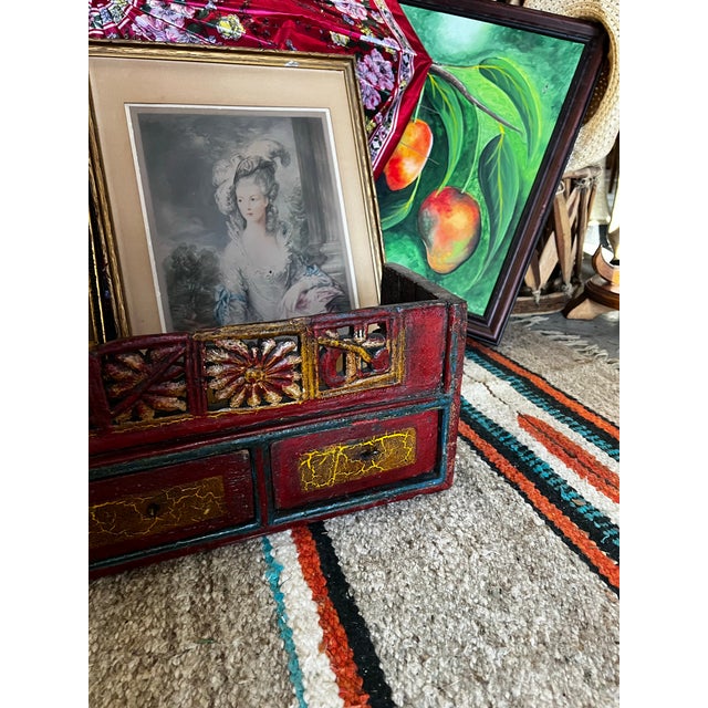Red Wooden Vintage Red Shelf With Carved Details and Drawers For Sale - Image 8 of 8