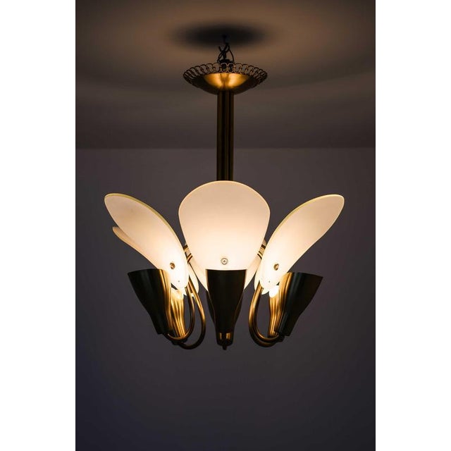 1950s Scandinavian Ceiling Lamp in Opaline Glass and Brass by Carl Fagerlund, 1950s For Sale - Image 5 of 13